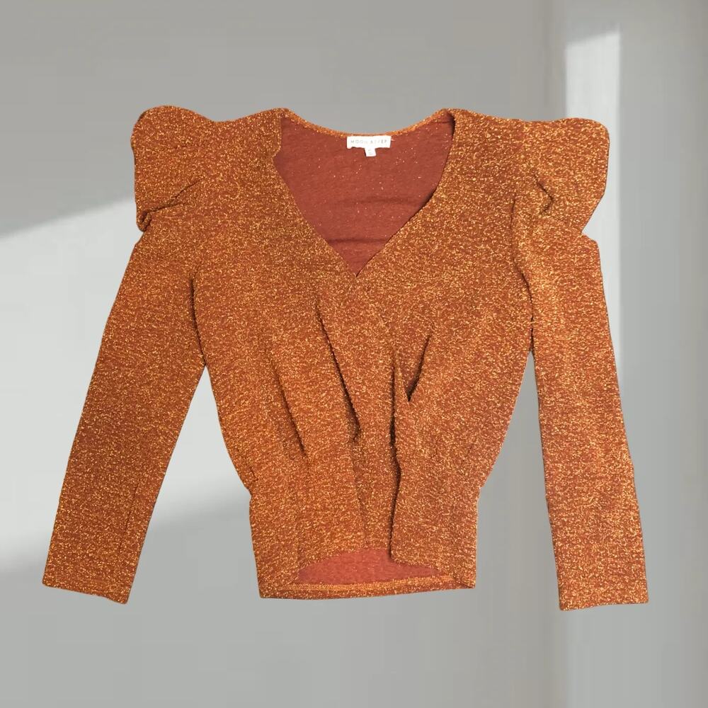Moon River Metallic Puff-Sleeve Blouse – Rust/Gold (XS)